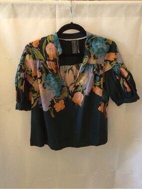 Anthropologie Floral Split-Neck Blouse in Teal, Peach, and Lavender